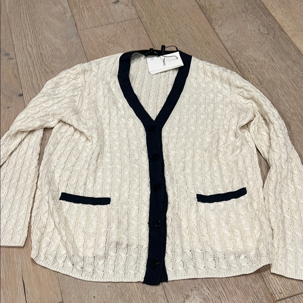 Theory Blue and White Cable-Knit Cardigan Sweater V-Neck